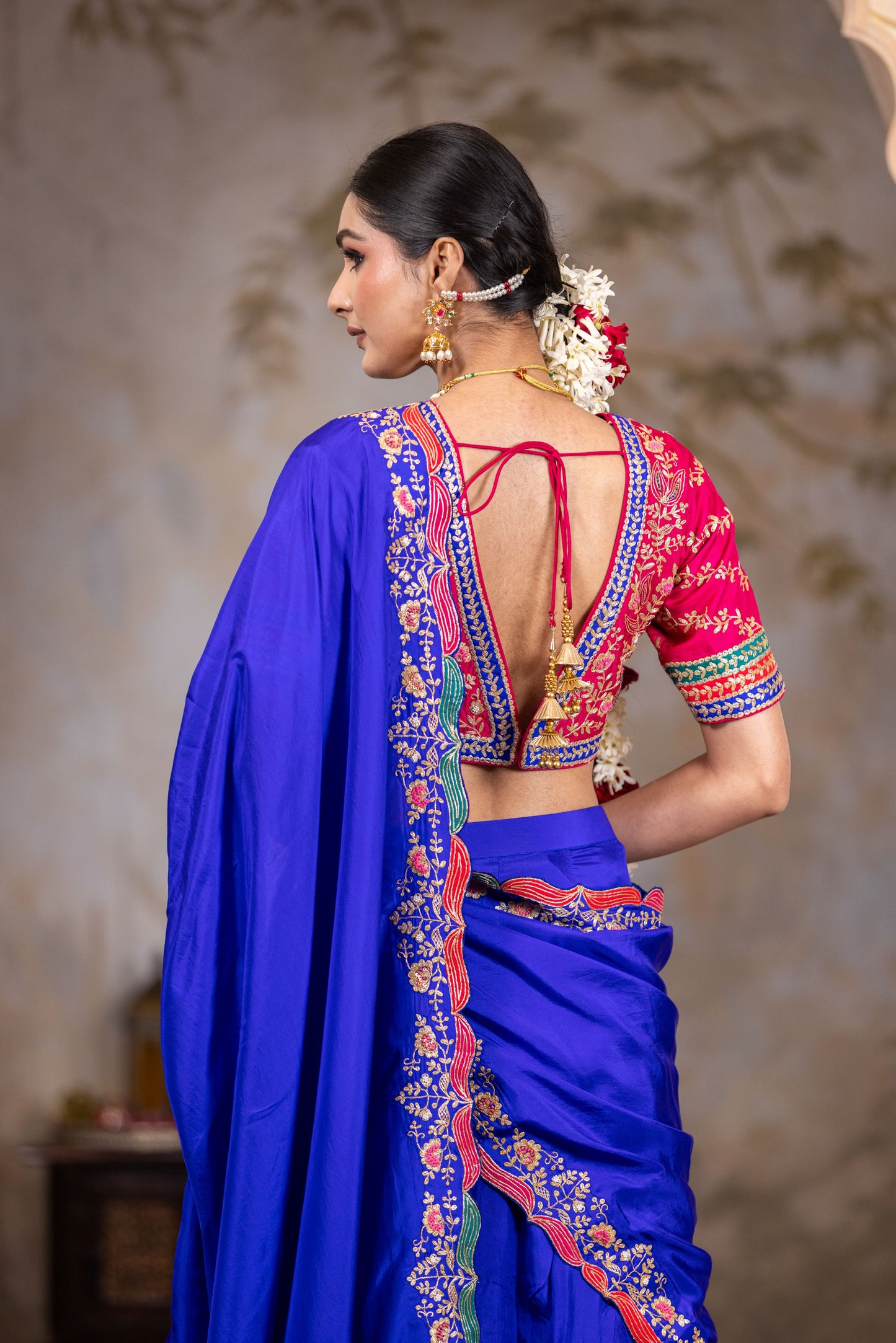 Royal blue lehenga saree with different shade  border on Pallu  with contrast magenta  blouse