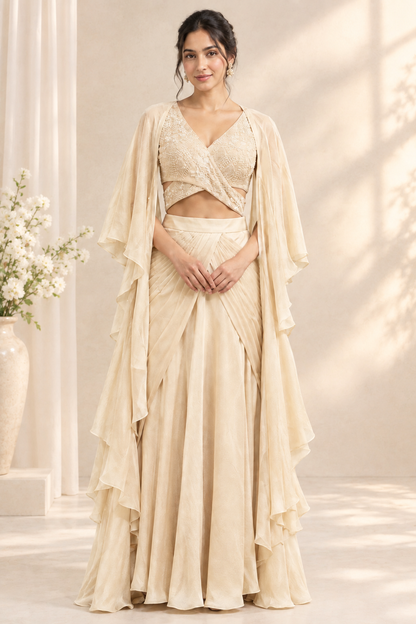 Elegant ivory-cream drape saree .