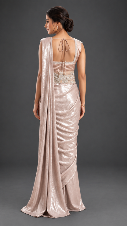 Champagne drape saree with heavy work on blouse and belt