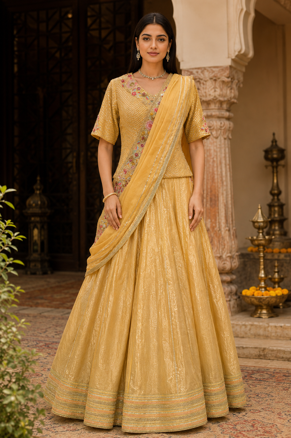 Mustard-gold/yellow lehenga saree with a subtle textured and lustrous finish throughout.