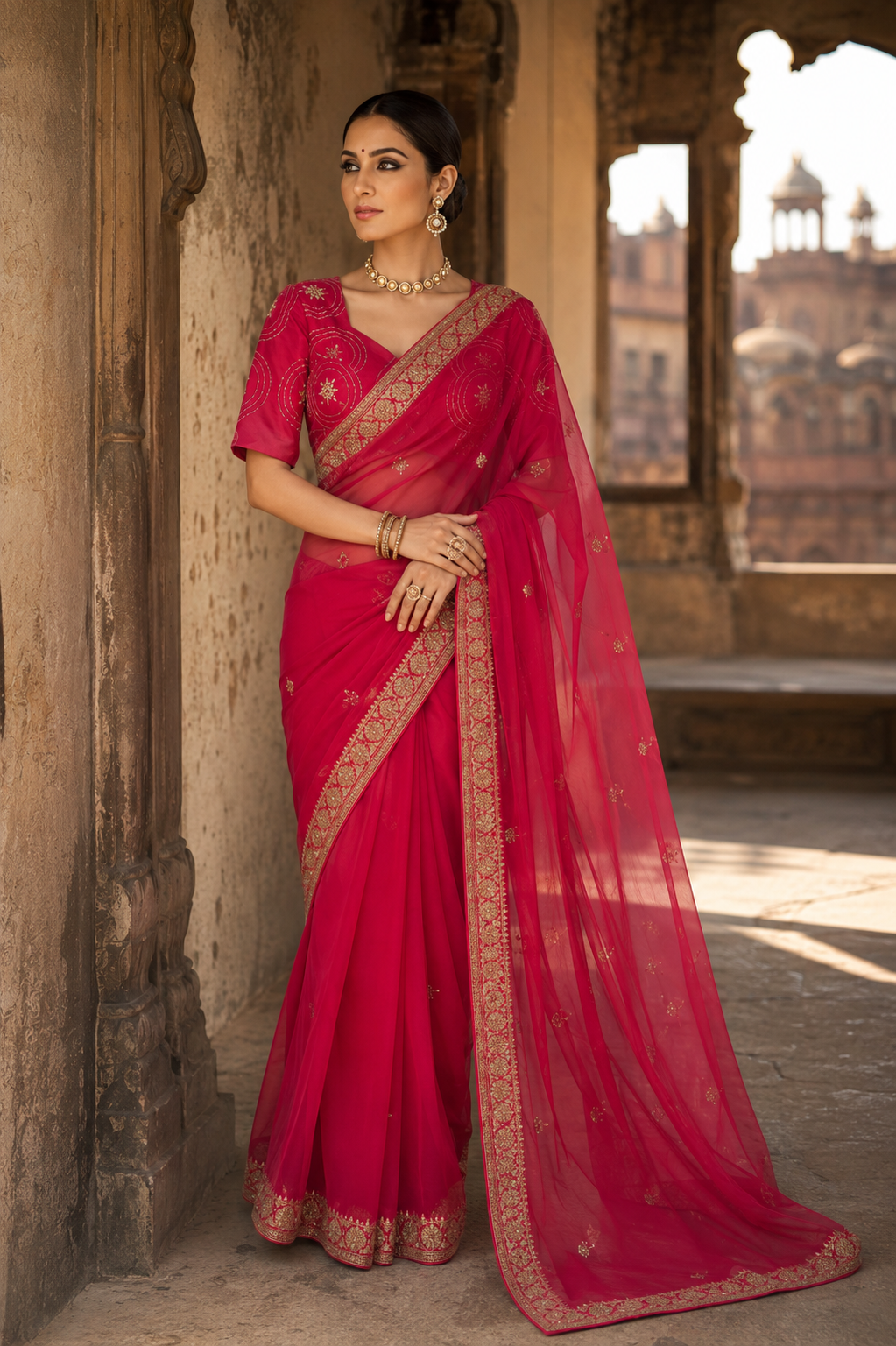 Rich rani pink organza saree featuring delicate gold floral motifs and traditional embroidered detailing.