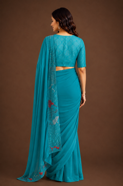 Sea Green Silk Saree with Intricate Border Beadwork and Floral Accents