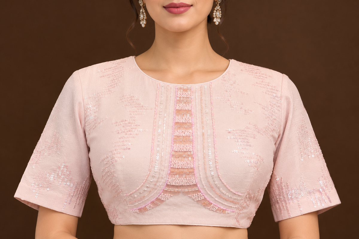 Soft blush pink lehenga set with delicate sequin detailing and fine tonal embroidery.