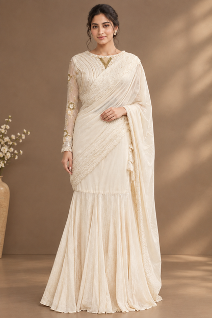 Elegant ivory-white saree featuring delicate pearl, sequin and tonal embroidery.
