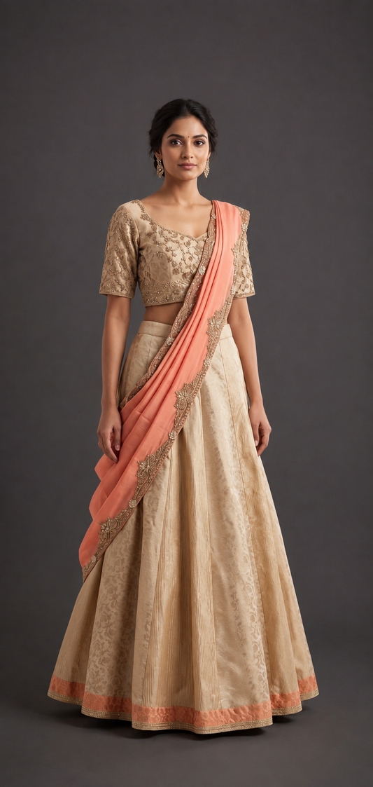 Beige and peach drape saree with heavy zardozi work