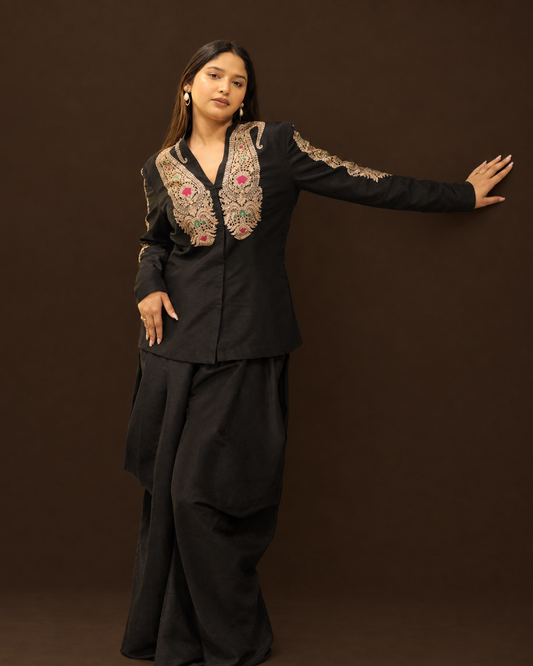 Black Indowestern Dress Set With Brocade Jacket And Dhoti Pants