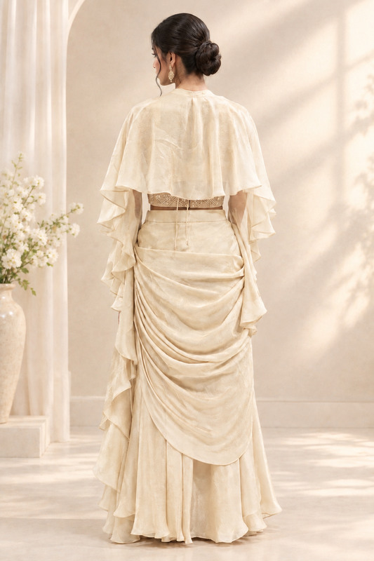 Elegant ivory-cream drape saree .