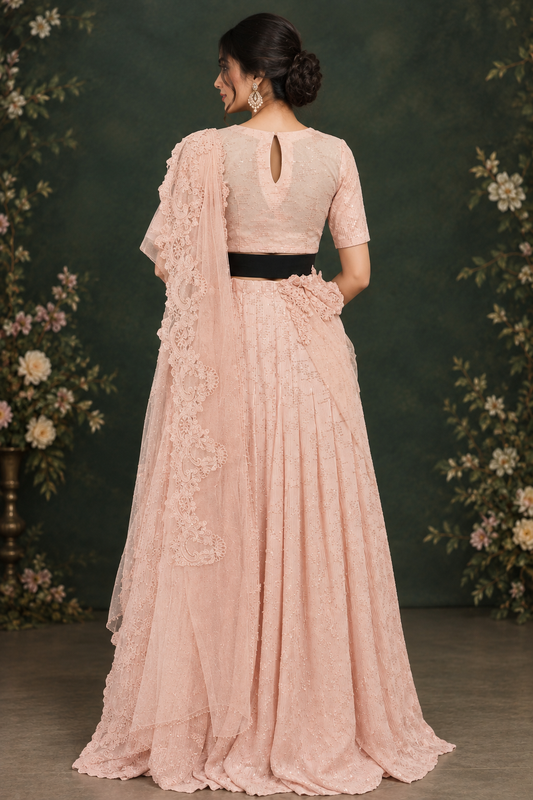 Soft blush pink lehenga set with delicate sequin detailing and fine tonal embroidery.