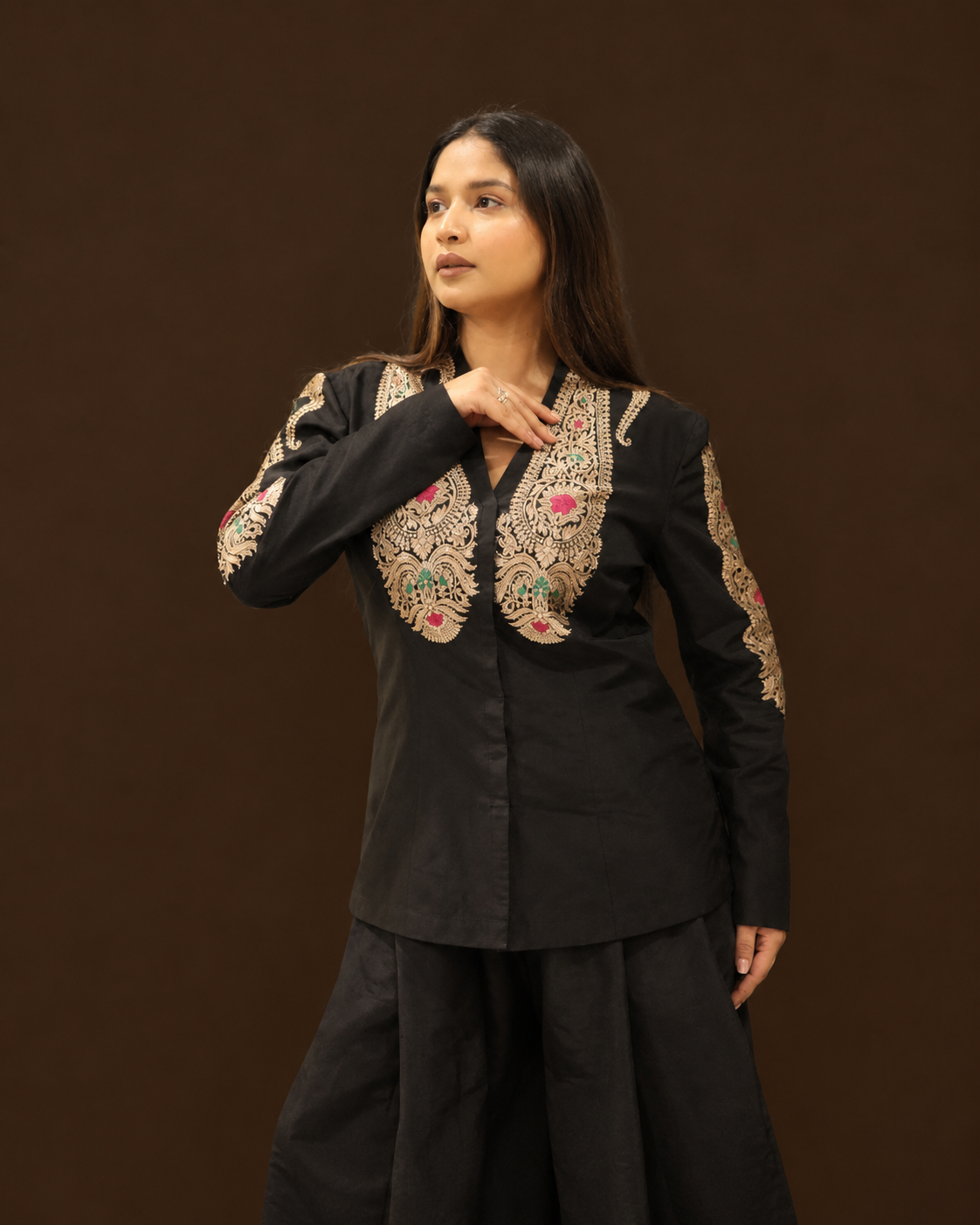 Black Indowestern Dress Set With Brocade Jacket And Dhoti Pants