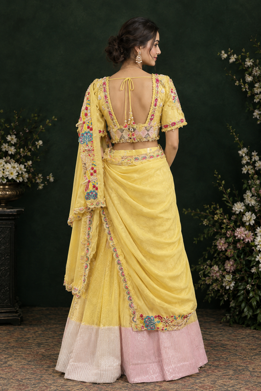 Soft lemon-yellow lehenga saree .