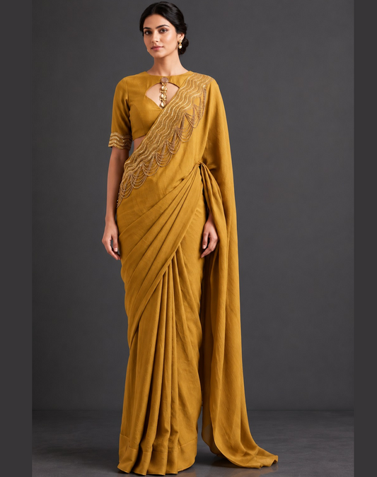 Mehendi Green Georgette Saree with Wave-Embroidered Pallu and Keyhole Blouse