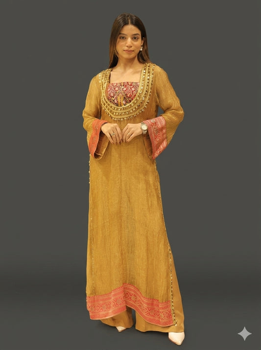Designer Golden Tissue Indo-Western Set with Coin Lace Work