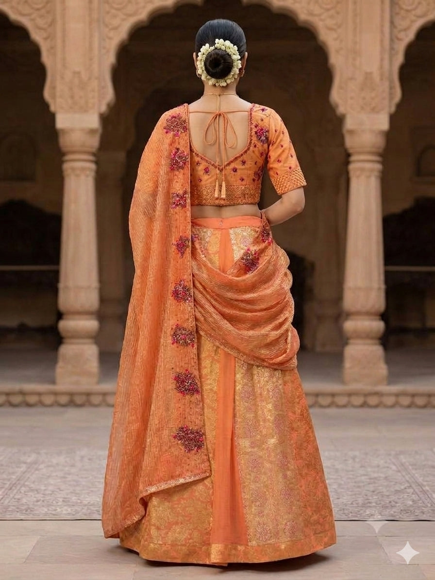 PEACH ORANGE LEHANGA SAREE