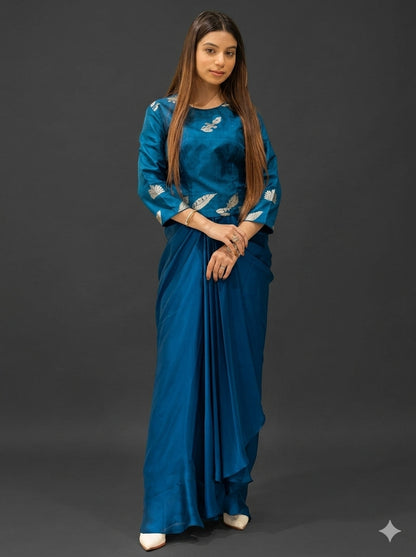 Teal Blue Brocade and Crepe Draped Fusion Outfit