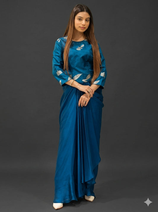 Teal Blue Brocade and Crepe Draped Fusion Outfit