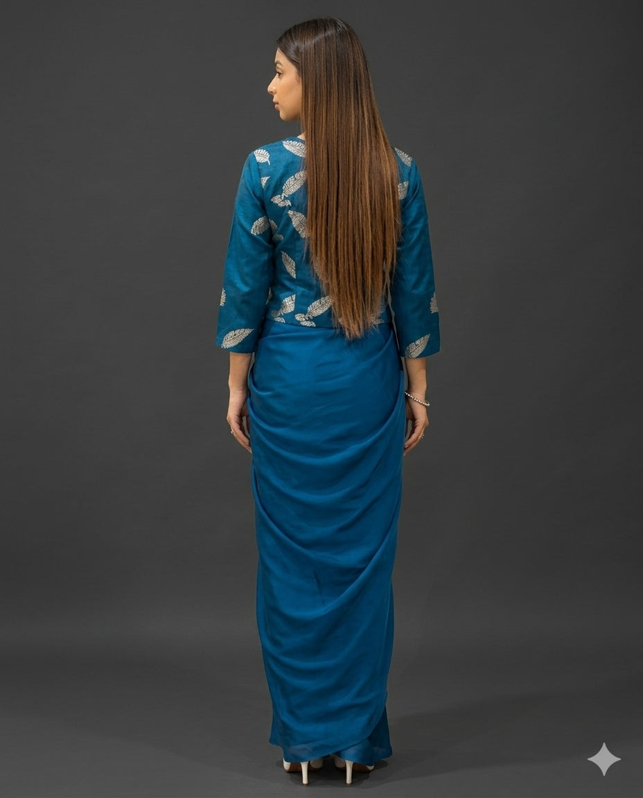 Teal Blue Brocade and Crepe Draped Fusion Outfit