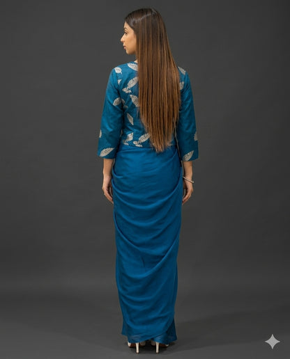 Teal Blue Brocade and Crepe Draped Fusion Outfit