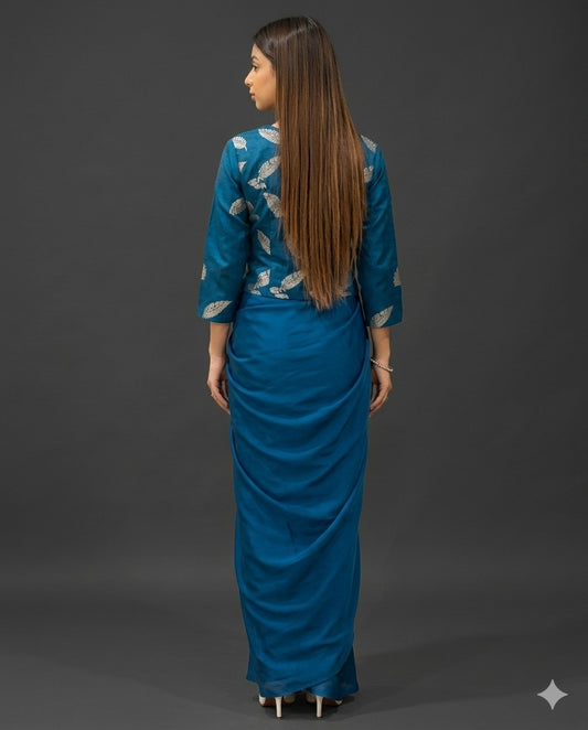 Teal Blue Brocade and Crepe Draped Fusion Outfit
