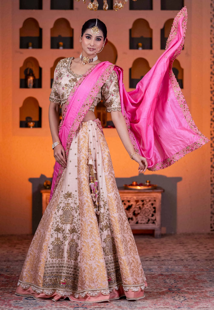 Pink heavy  work  lehenga and heavy work blouse with hot pink contrast dupatta have 4 side handwork border