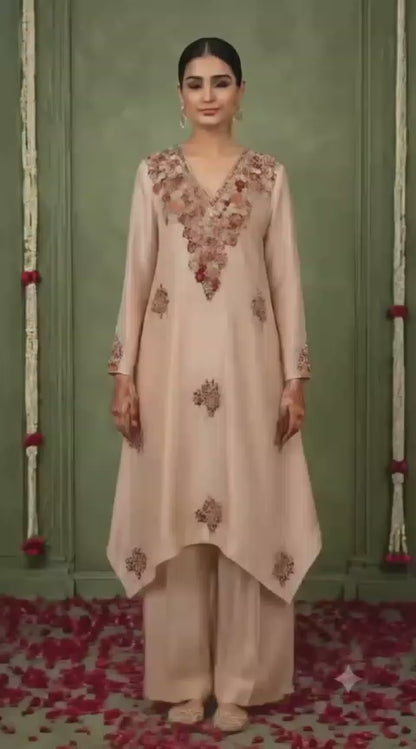 Champagne Beige Mirror Embroidered Asymmetrical Kurta Palazzo Set