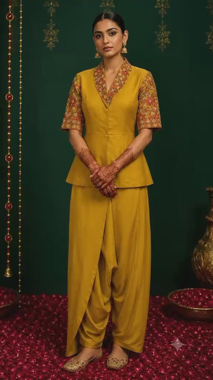 Mustard Peplum Jacket with Draped Dhoti Pants Set