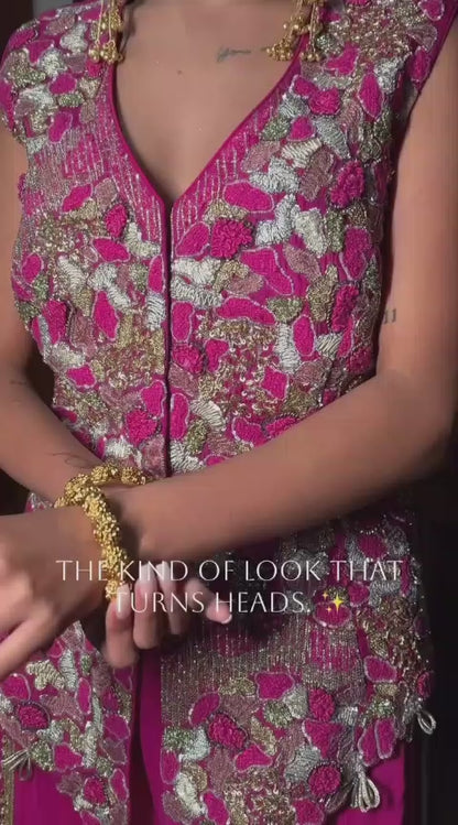 Magenta Embroidered Peplum Top with Flared Palazzo Set