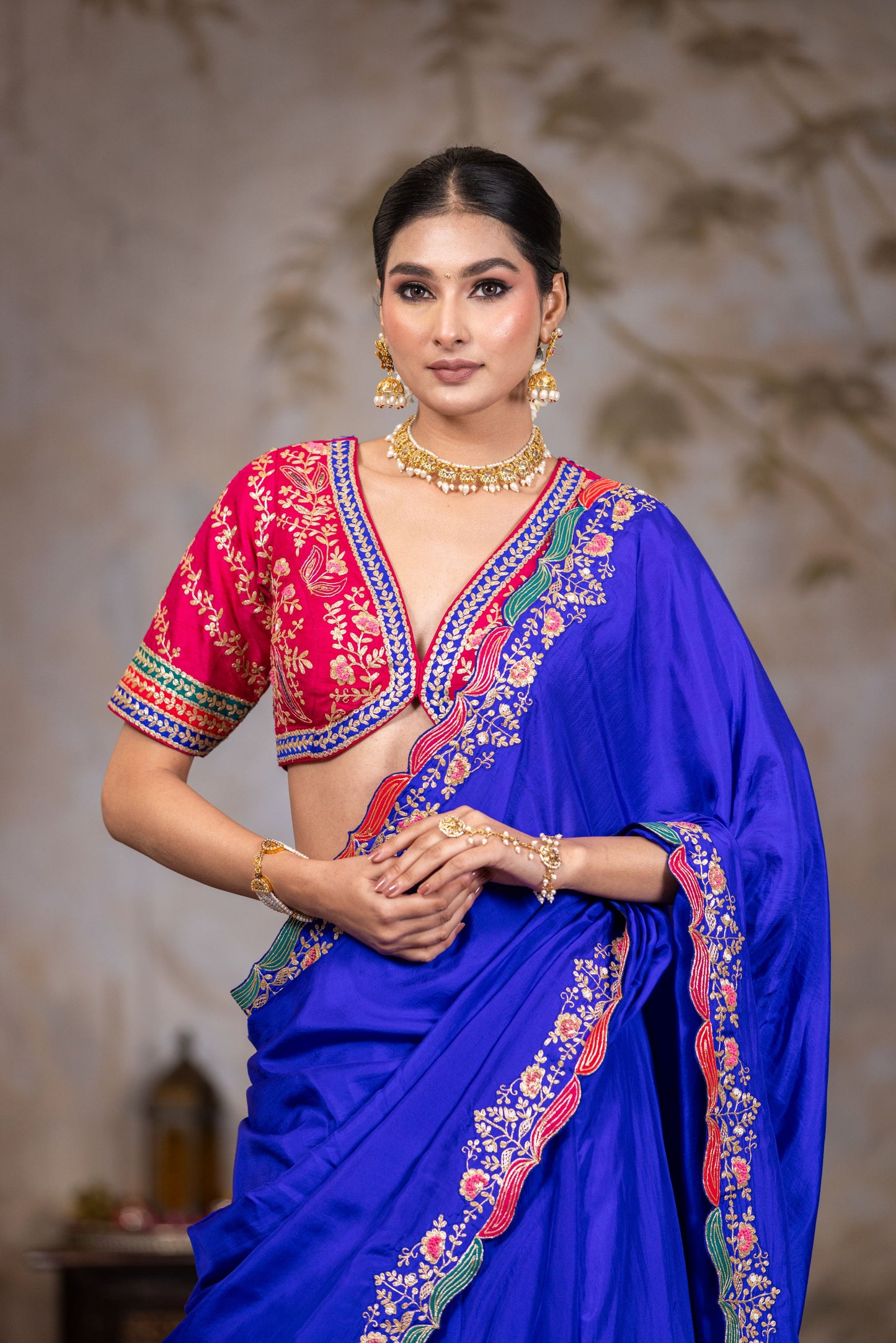 Royal blue lehenga saree with different shade  border on Pallu  with contrast magenta  blouse