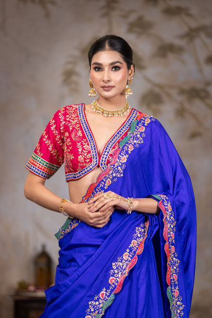 Royal blue lehenga saree with different shade  border on Pallu  with contrast magenta  blouse
