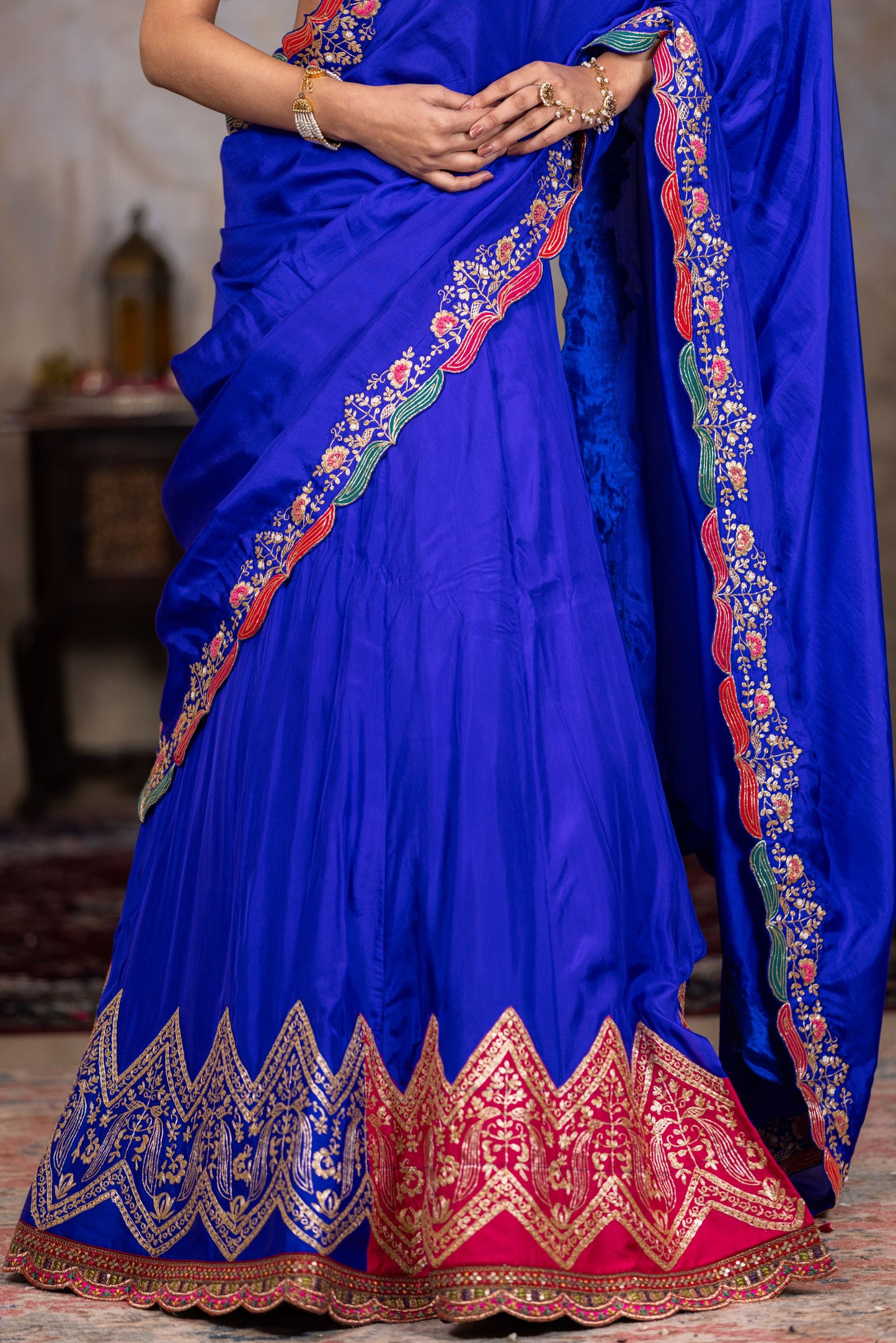 Royal blue lehenga saree with different shade  border on Pallu  with contrast magenta  blouse
