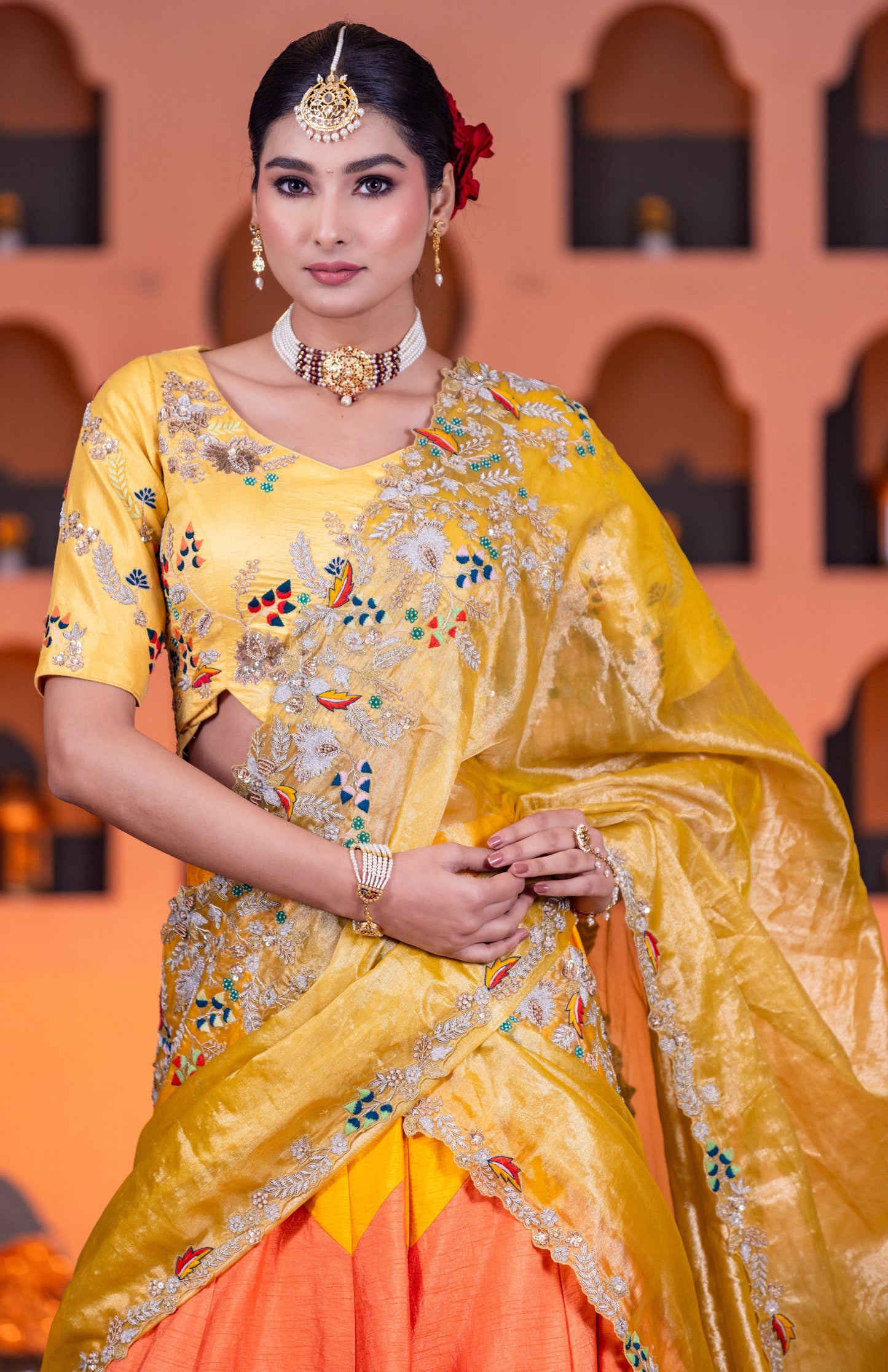 Tissue Duppatta & dupion Lehenga trio Clr with thread n Cardozo work with beautiful blouse