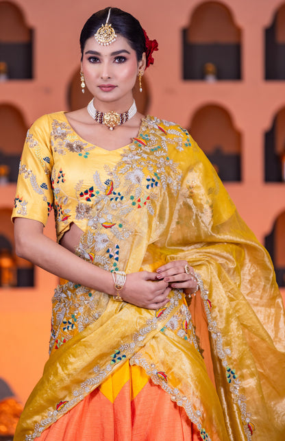 Tissue Duppatta & dupion Lehenga trio Clr with thread n Cardozo work with beautiful blouse