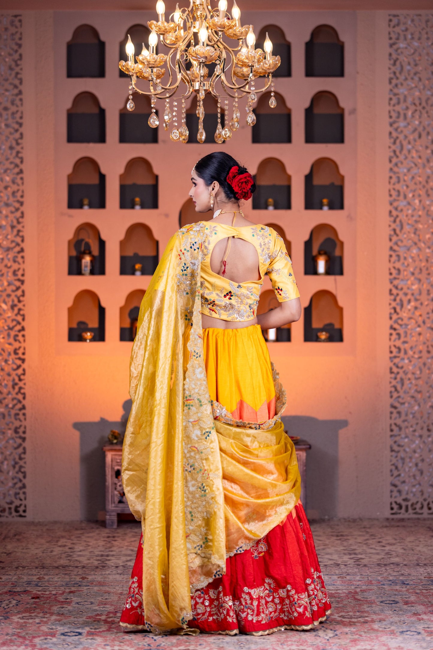 Tissue Duppatta & dupion Lehenga trio Clr with thread n Cardozo work with beautiful blouse