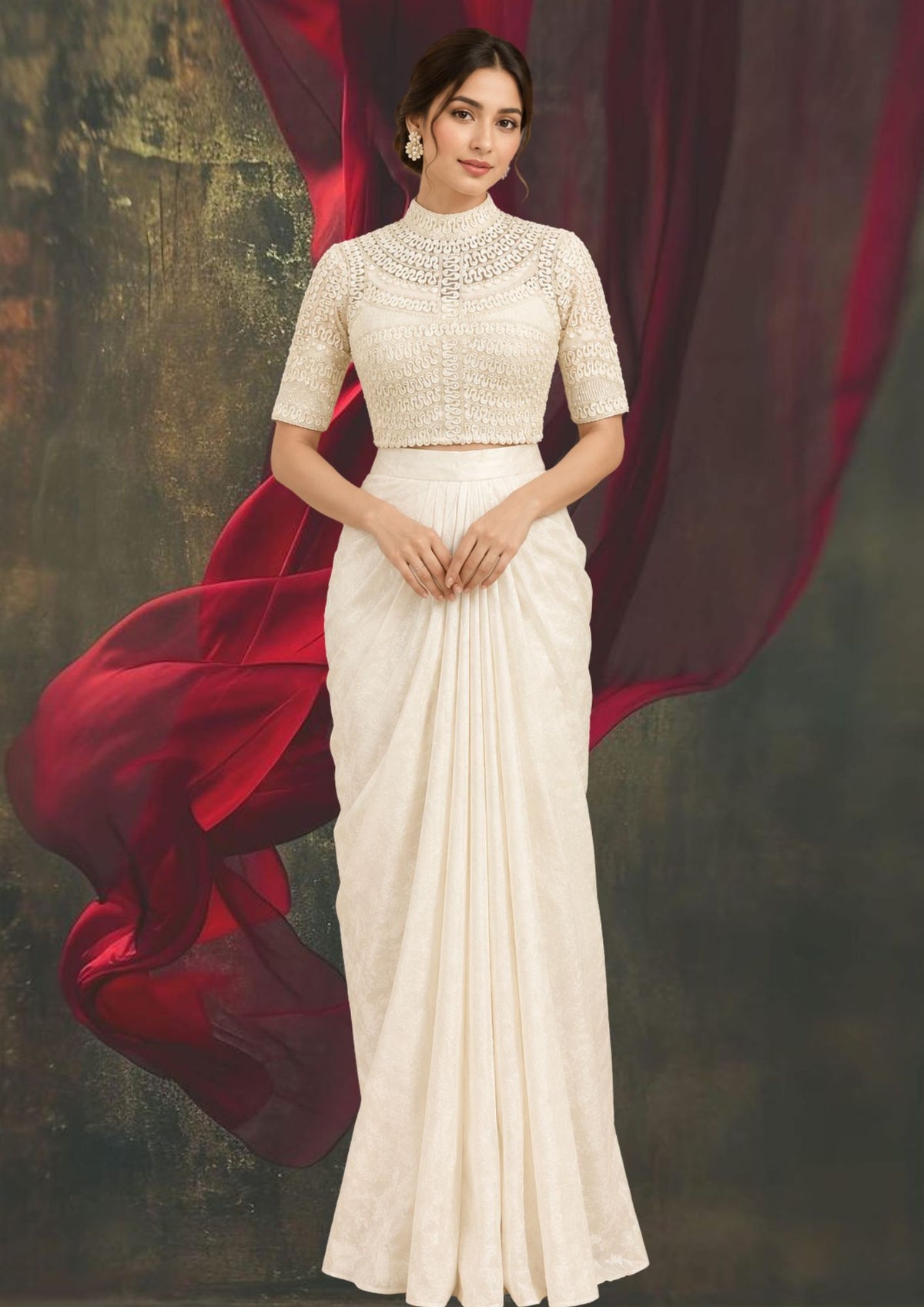 Elegant ivory-white ensemble with a soft, refined finish and subtle woven floral texture.