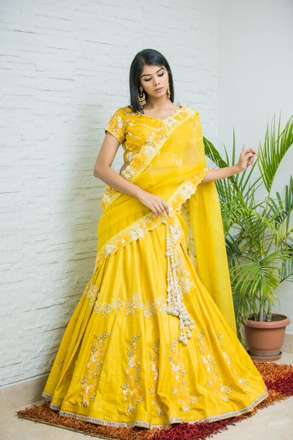 Haldi taser Silk Lehenga