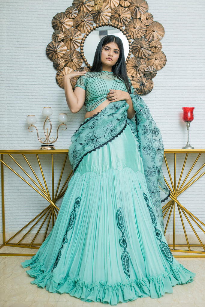 Aqua lehenga saree