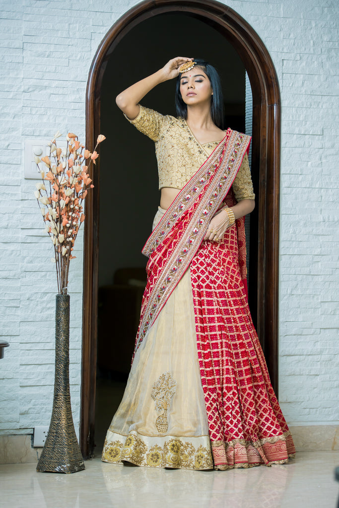 Golden tissue Lehenga Red saree Drape