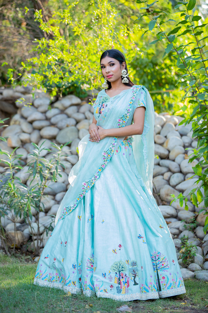 Ice Blue Madhubani Lehenga